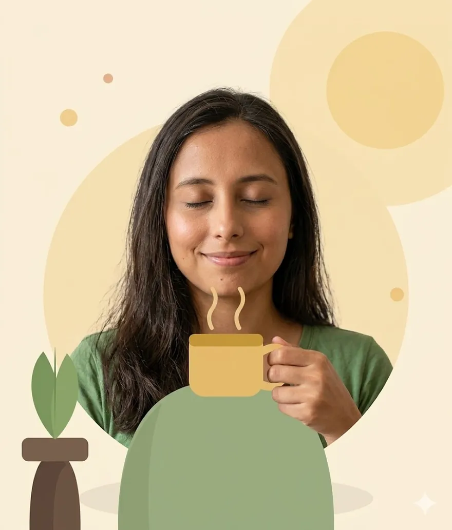 A practitioner between sessions, eyes closed, holding a warm cup of tea in afternoon light